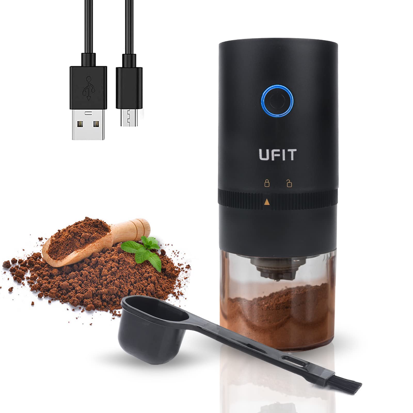 VECH Portable Electric Burr Coffee Grinder, Compact Automatic Conical Burr Grinder Coffee Bean Grinder with Muli Grind Setting, USB Rechargeable Simple Push Button Operation with Brush and Spoon Black