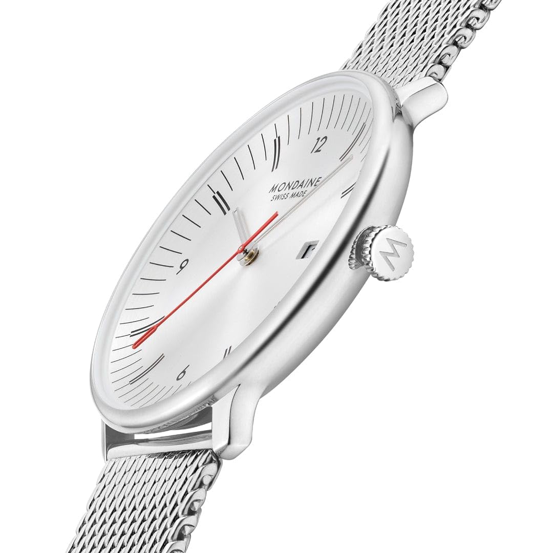 Mondaine Doppio zegarek męski 41 mm, szwajcarski mechanizm kwarcowy, szkło szafirowe, stal nierdzewna, wodoszczelny 5 ATM, zrównoważony – elegancja i tradycja, dwoistość w designie