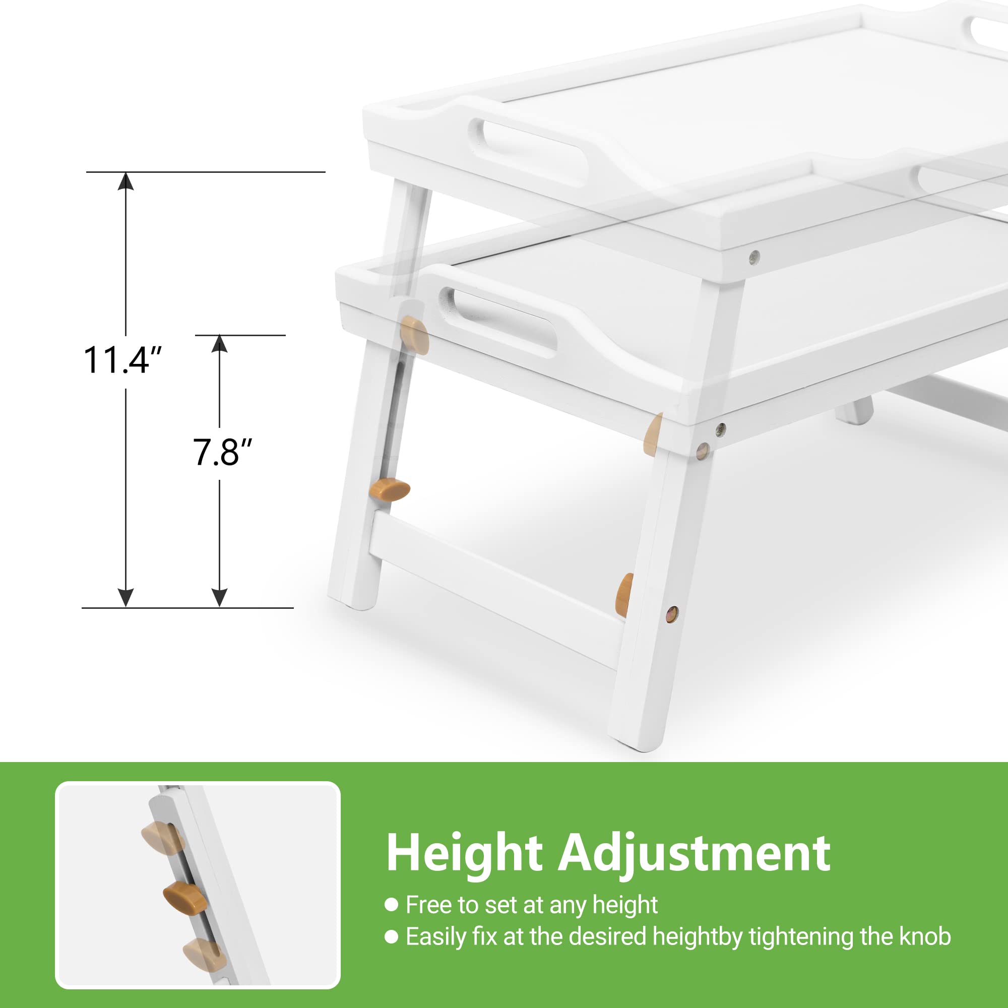 Mayyol Large Breakfast Bed Tray for Eating - Height Adjustable Raised Food Table - Bamboo Serving Tray on Lap Sofa - Portable Snack Platter with Folding Legs Ideal for Bedroom Picnic - White