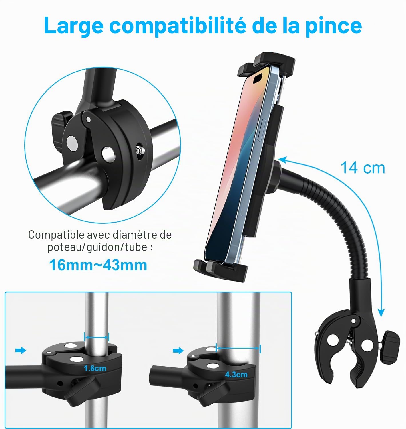 Support Tablette pour Guidon Vélo Poussette Fauteuil Roulant Moto | Bras en Col de Cygne Métal - Support Tablette Bateau Tapis de Course pour iPad Mini Air Pro, Galaxy, Kindle, Téléphone, 4-13"