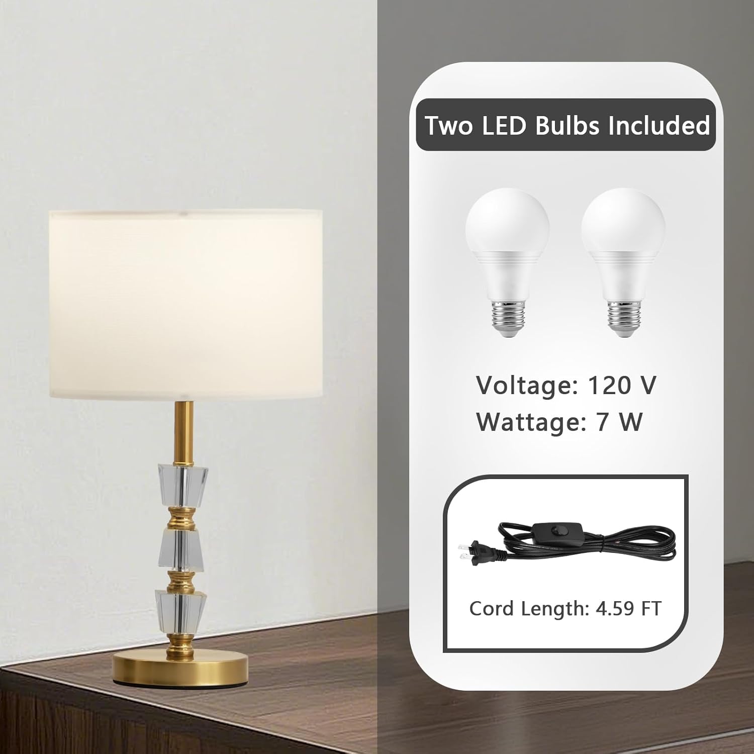 Crystal Table Lamps Set of 2, 3-Color Dimmable Gold Bedside Lamp for Living Room/Bedroom/Entryway and Other Rooms, Led Bulb Included