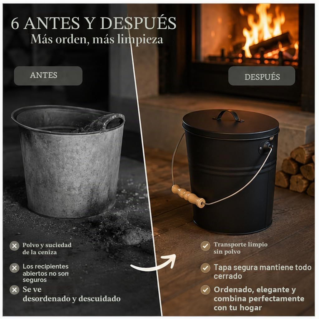 REWU Cubo de cenizas con tapa, 15 L, metal para chimenea y barbacoa | Cubo de metal estable de 15 L con tapa para cenizas completamente enfriadas, chimenea, carbón, briquetas y leña