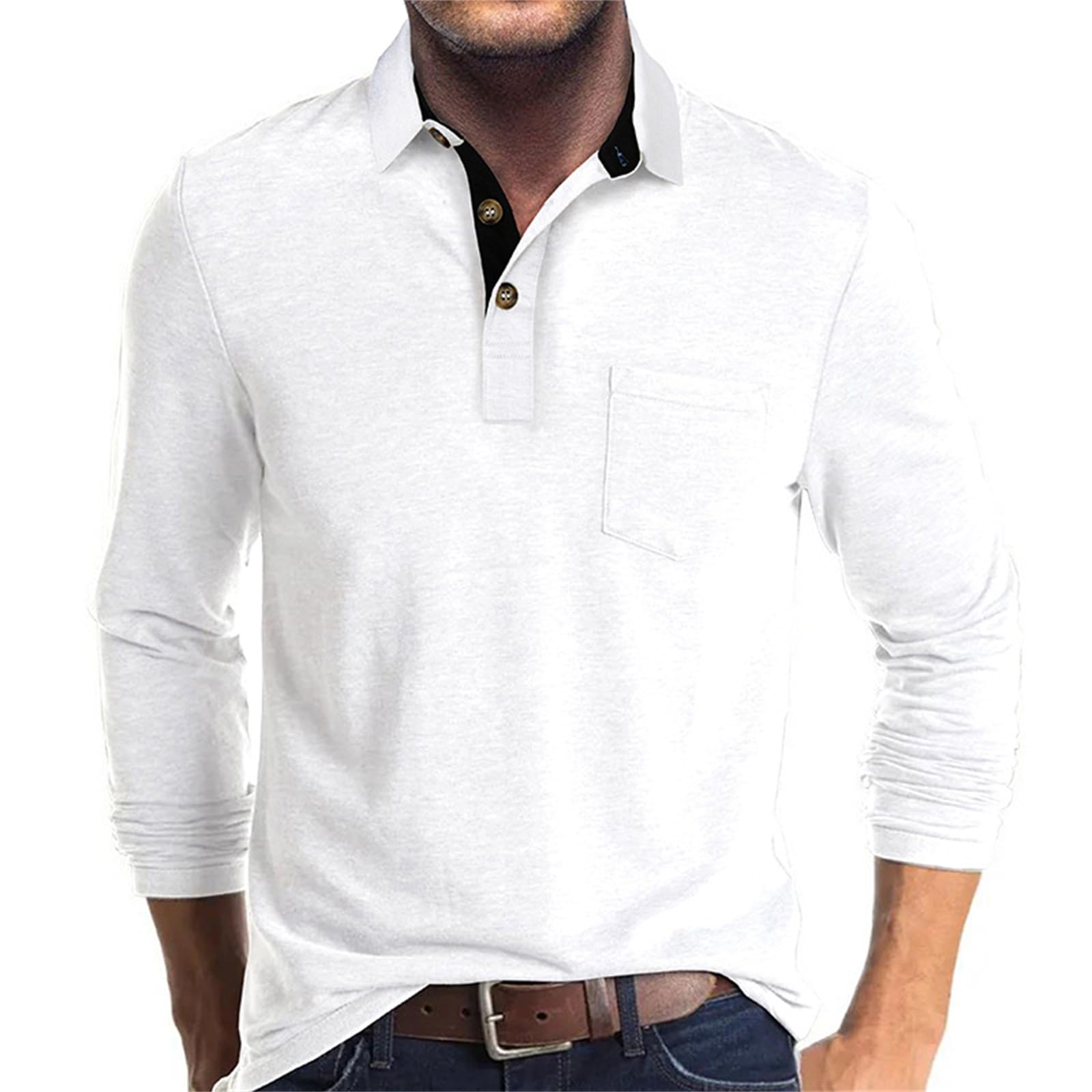 Mens Long Sleeve Polo Shirts Casual Collared Golf Shirt with Pocket