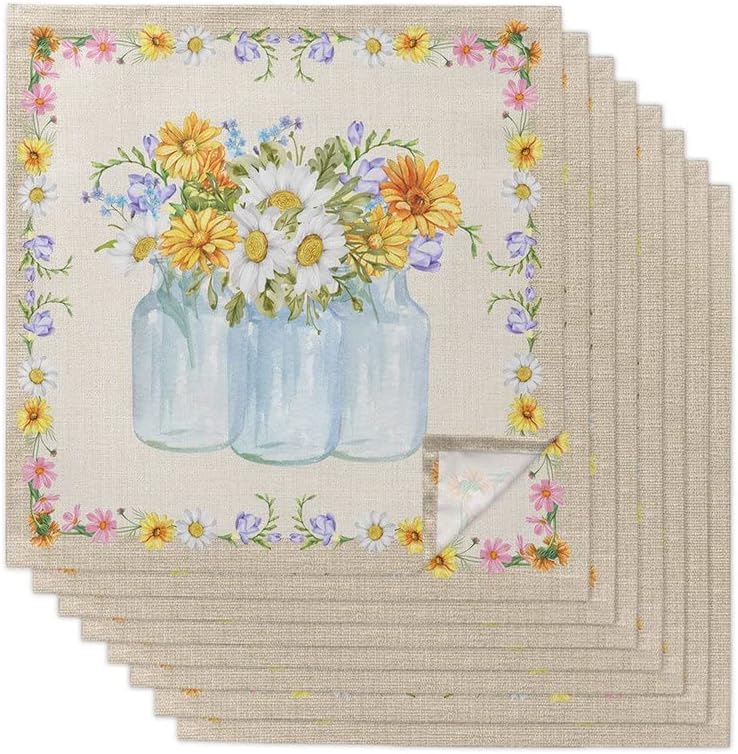 Ladybug Vase Daisy Flower Cloth Napkins Set Festive Banquet Wedding Decor Tea Towel Kitchen Dinner Table(6pcs)