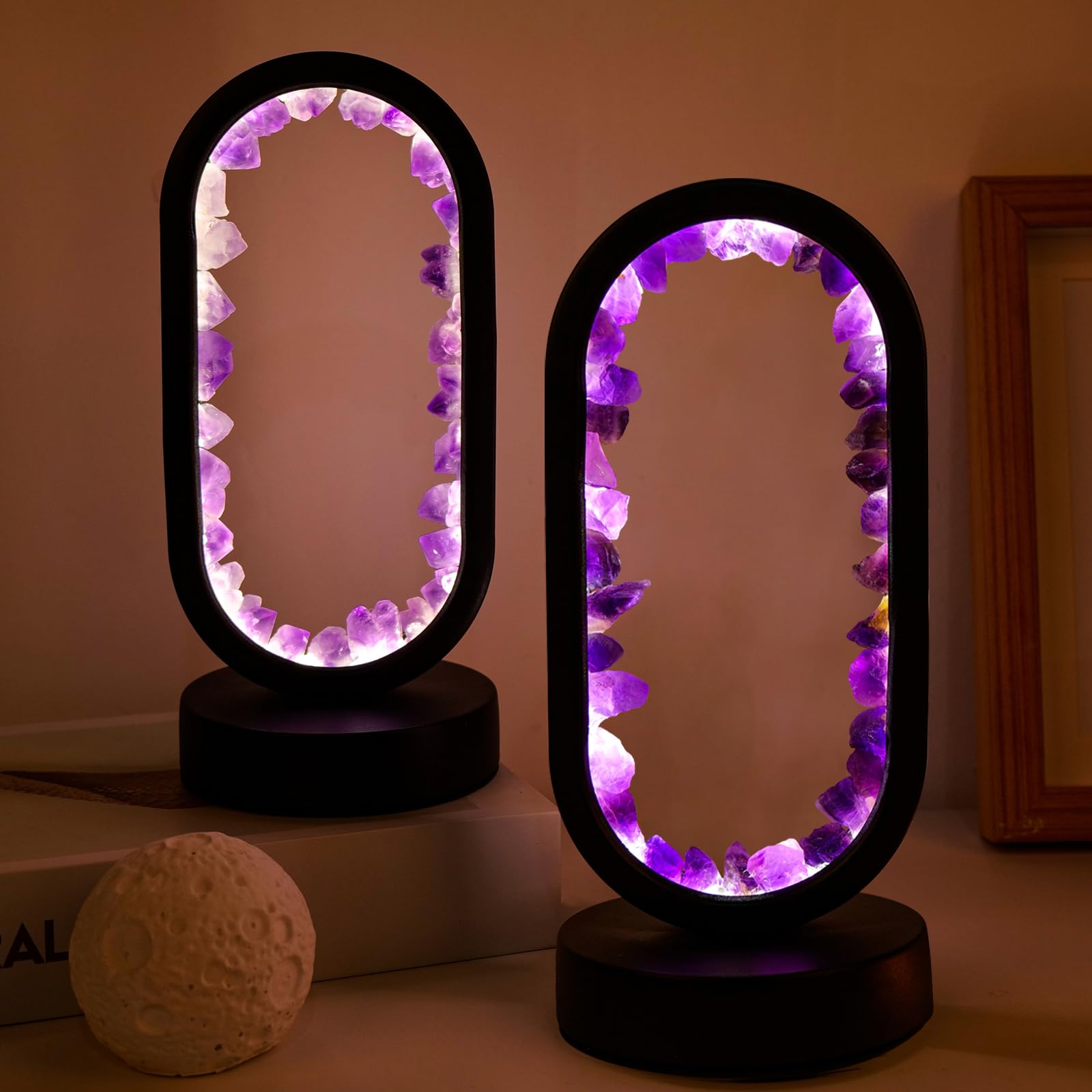 RJINGSHI Healing Crystal Night Light Table Lamp Natural Amethyst Gemstone Bedside Lamp USB-Powered Three-Colour Dimming Mode Ambient Light for Living Room Bedroom Office Home Decoration (Black) - Image 3