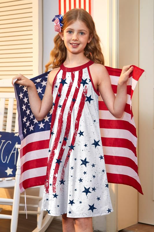 BesserBay July 4th Girls Halter Neck Sleeveless Midi Dress with Side Pockets 4-12 Years2