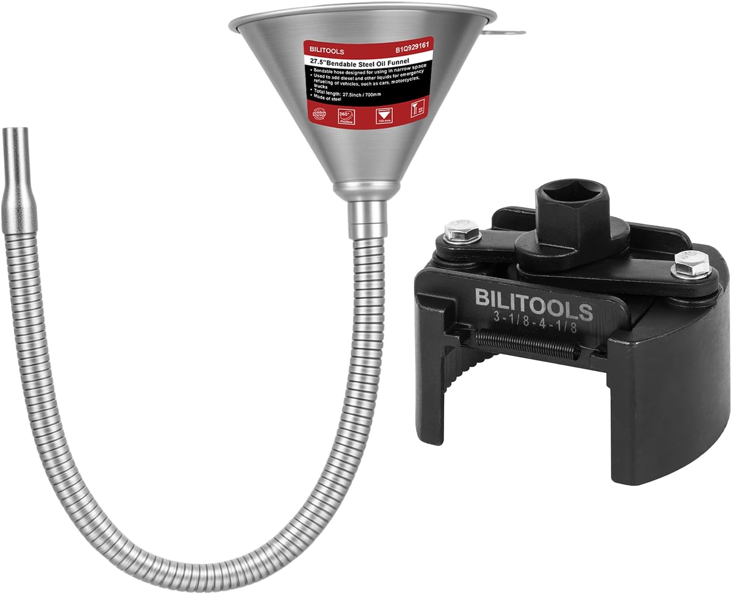 BILITOOLS Universal Oil Filter Wrench Removal Tool Adjustable & 26.2" Steel Flexible Oil Funnel with Filter