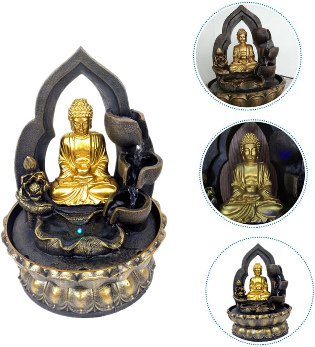 LED Buddha Waterfall Tabletop Fountain Resin Water Feature Indoor Decor for Home Office Relaxation and Tranquil Atmosphere with Smooth Finish and Design Compatible with US Acv