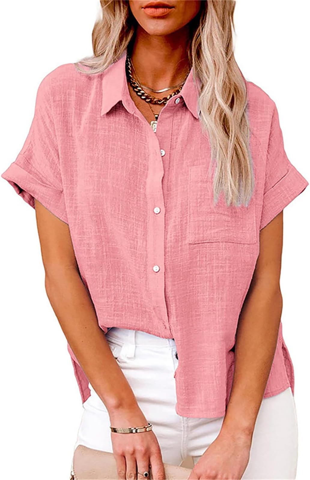 Mayntop Cotton Linen Shirts for Women Solid Color Oversized Button-Down Collar Loose Top T-Shirt Tee Shirt Blouse