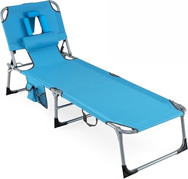 COSTWAY Tanning Chair with Face Hole, Folding Beach Lounge Chair with 4-Position Adjustable Backrest, Pillow & Side Pocket, Foldable Chaise Lounge Chair Outdoor for Sunbathing, Camping 1, Blue