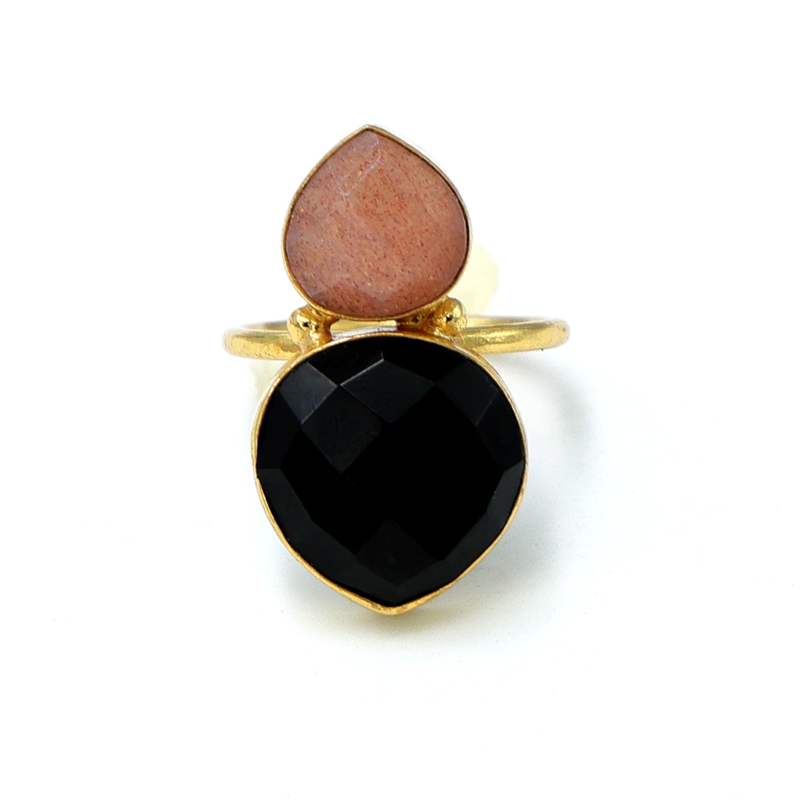 Black Onyx & Peach Moonstone Heart Ring | Handmade Gold Plated Jewelry-image-49