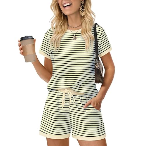 Marvmys Womens Pajamas Set 2 Piece Striped Pj Set Soft Pajamas Casual Short Sleeve Top and Shorts Sleepwear Set S-2XL Small Beige Striped