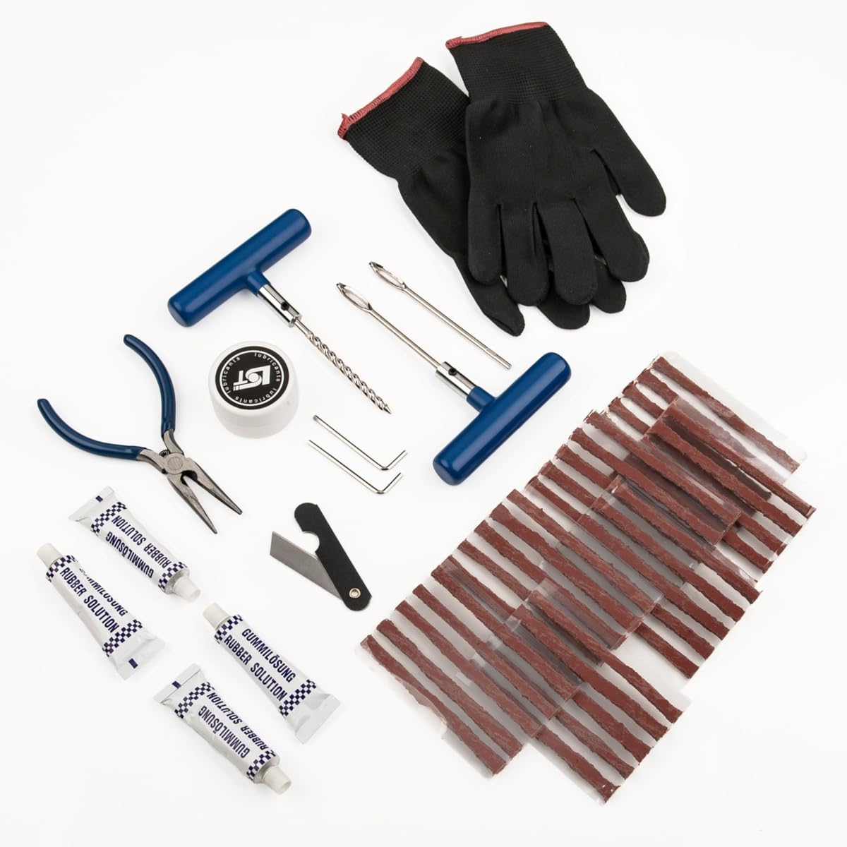 LST Reifen Reparaturset 48-teilig für schlauchlose Reifen, Profi Pannenhilfe Set mit 35 Vulkanisierstreifen für Auto, Motorrad, Roller und Quad, inklusive T-Griff Werkzeug, Zange und Koffer