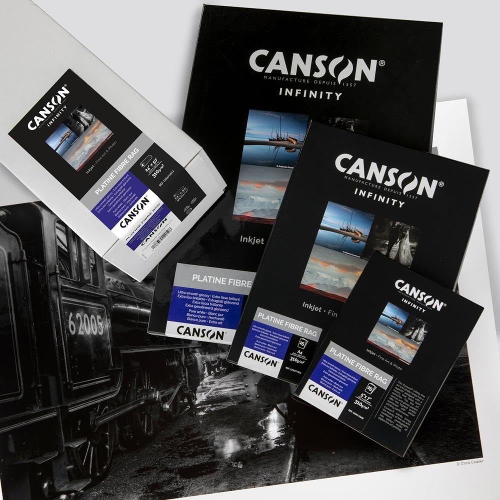 Canson Infinity Platine Fibre Rag, Papeles digitales ''Vintage'', Ultra suave y brillante, 310g, Hoja, A4-21x29,7cm, Blanco puro, 25 Hojas