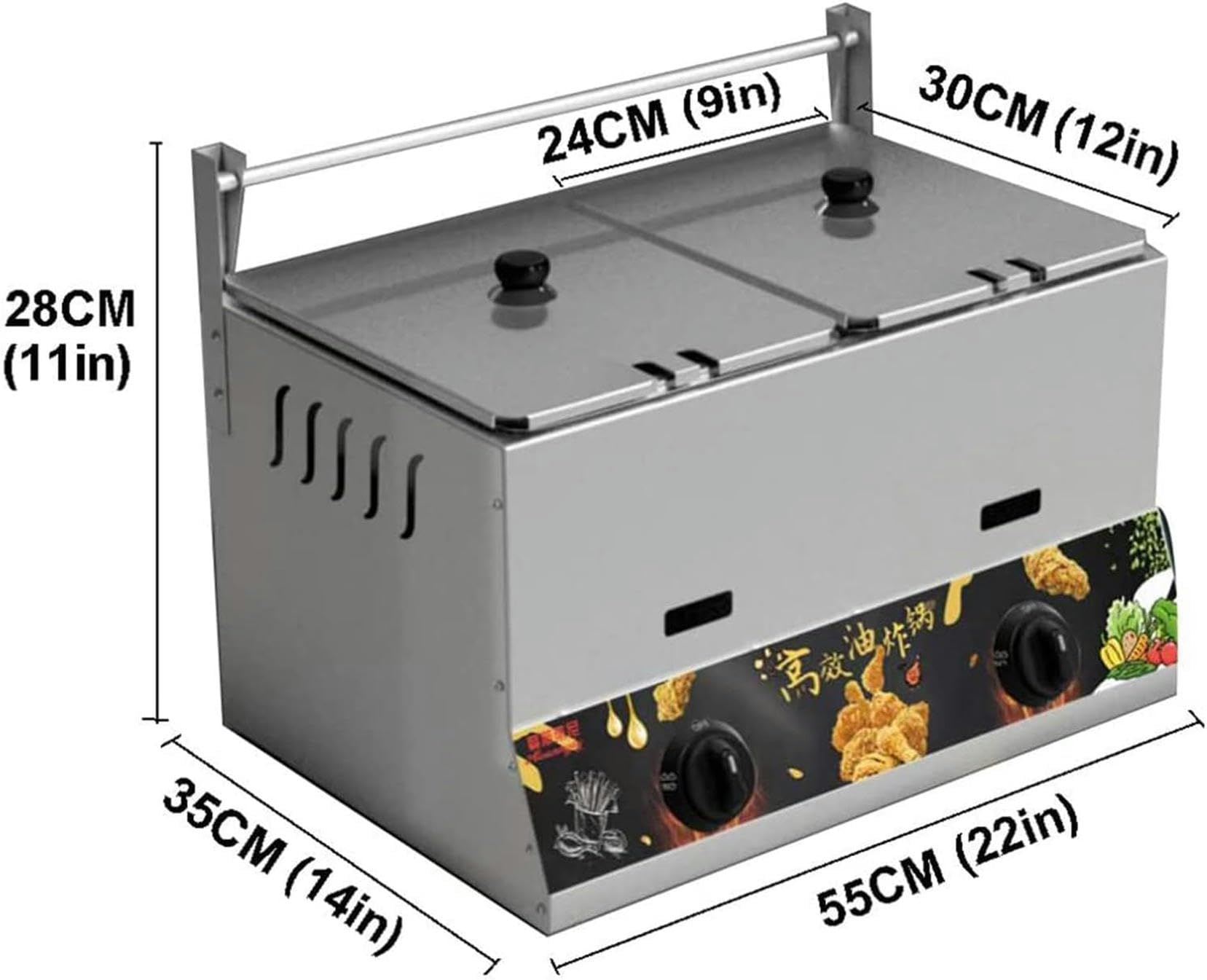Freidora a Gas de 22 litros, freidora de Doble Tanque de Acero Inoxidable, 2 cestas, Ajuste Manual de Temperatura, para Restaurante Comercial en casa~/