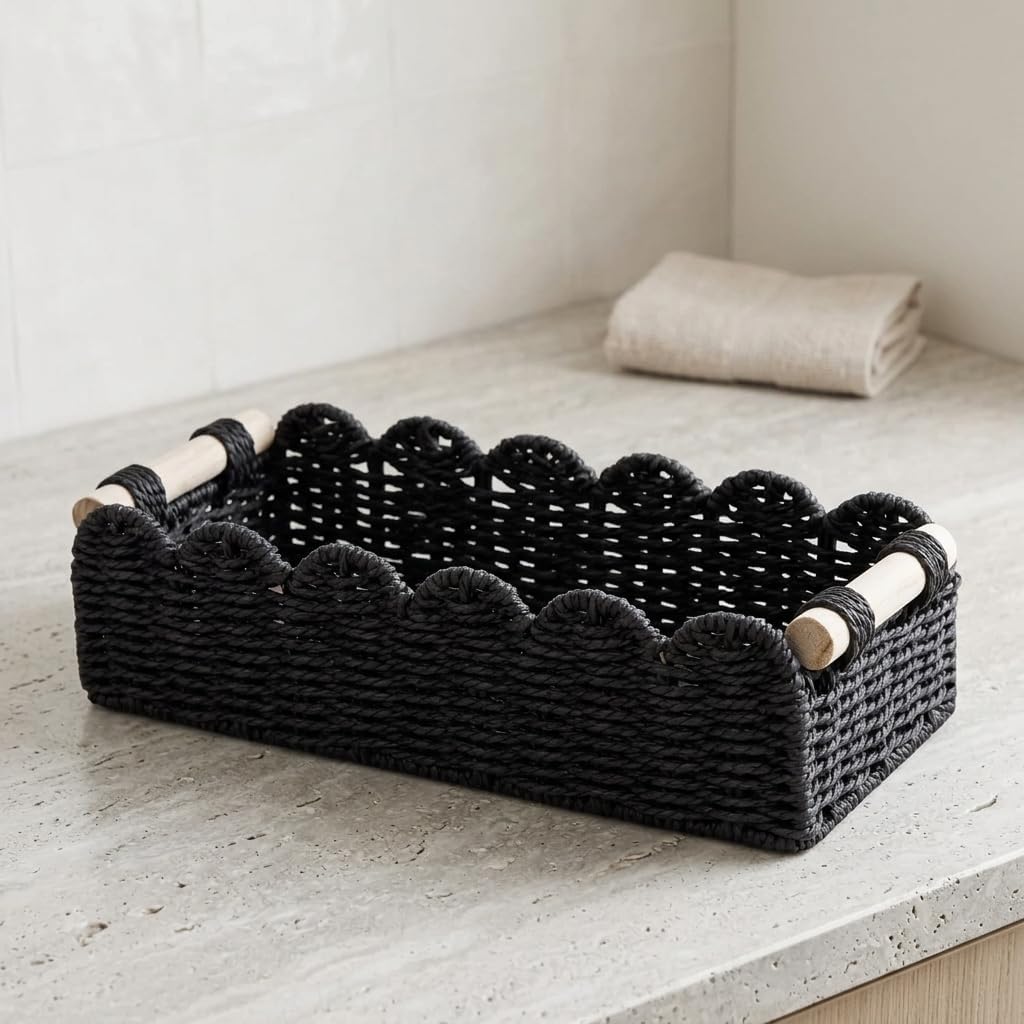 LIFKOME Black Scalloped Edge Paper Rope Storage Basket Rectangular 1pc