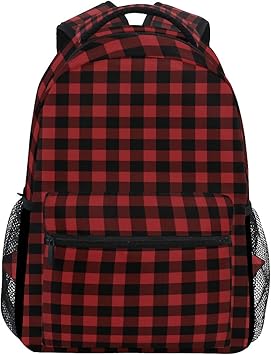 red and black plaid backpack