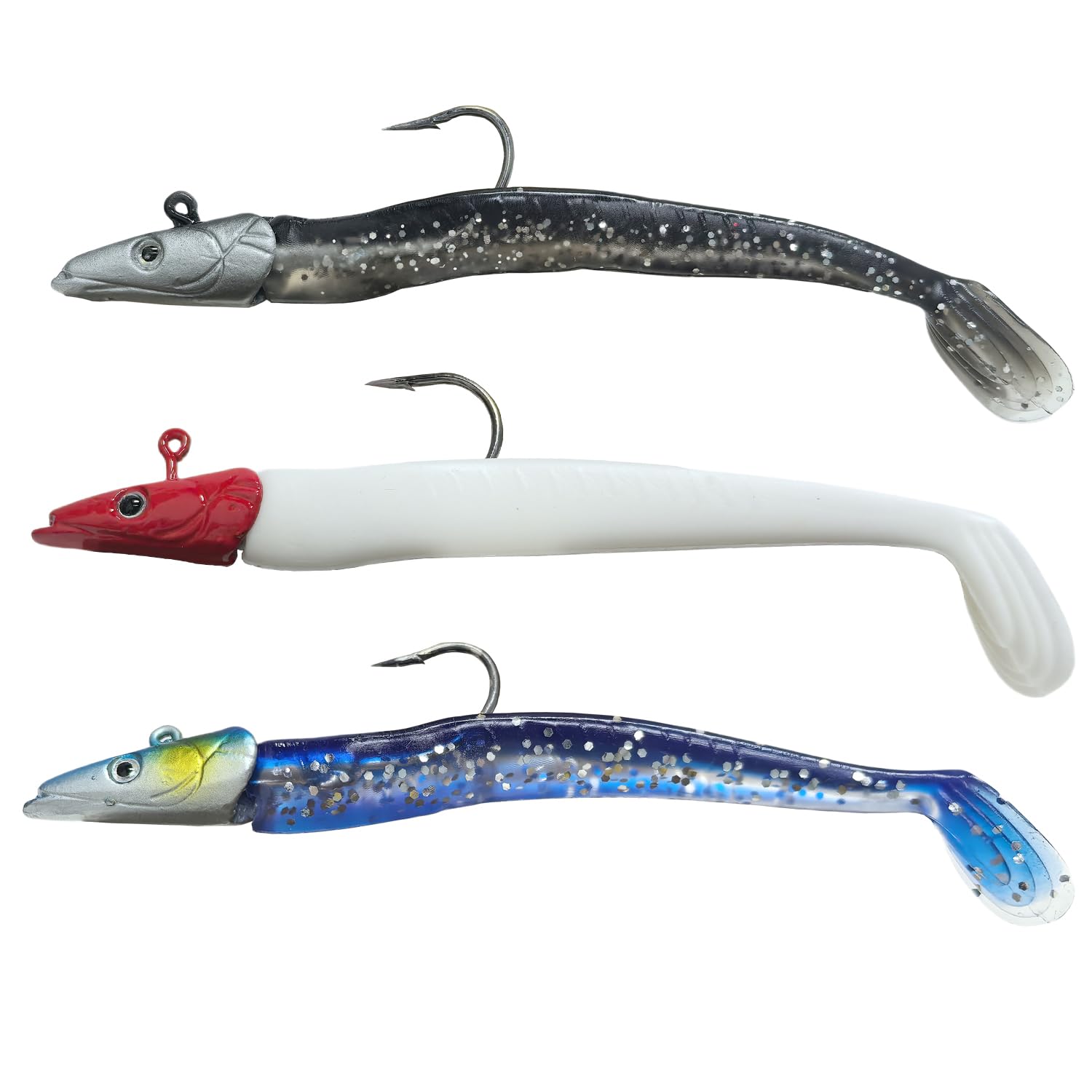 3 Pack Sandeels Weedless Bass Sea Trout Fishing Lures Cod Pollock Saltwater Cod Sand Eel Sandeel Soft Bait Plastic Silicone Lure Realistic Paddle Tail Swim Action Mackerel 3d Eyes Jig Pike 22 Gram