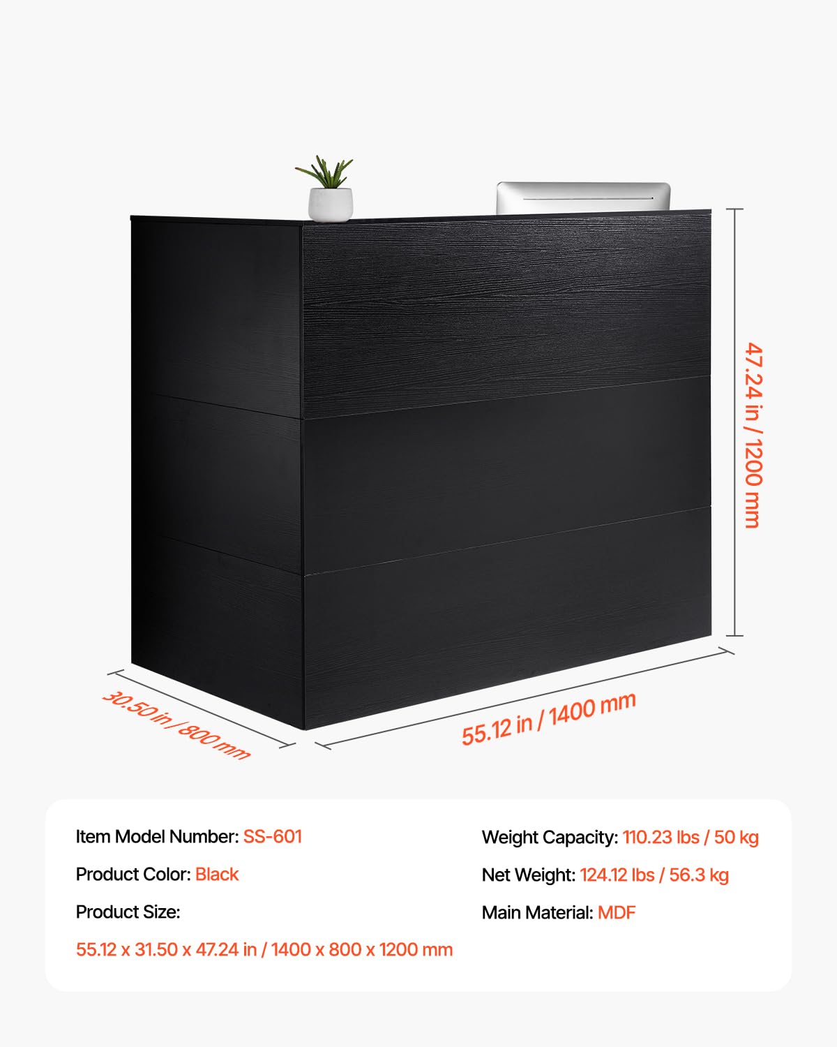 VEVOR Banco Reception 1600 x 600 x 1110 mm Tavolo da Banco Rettangolare, Tavolo di Vendita per Ufficio con Luce a LED, per Registratori di Cassa, Hall, Saloni di Bellezza e Uffici, Nero e Marrone