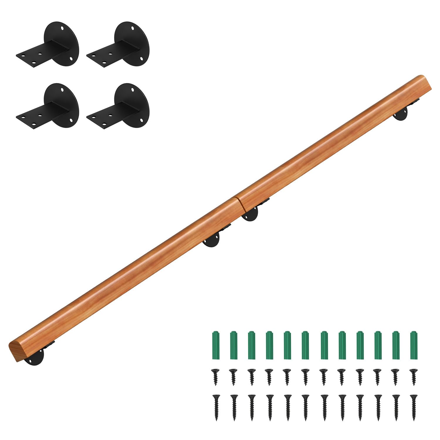 Main courante en bois de pin, 200 cm, rampe d'escalier murale, semi-circulaire, main courante en bois antidérapante, avec supports muraux, matériel de montage, noyer clair