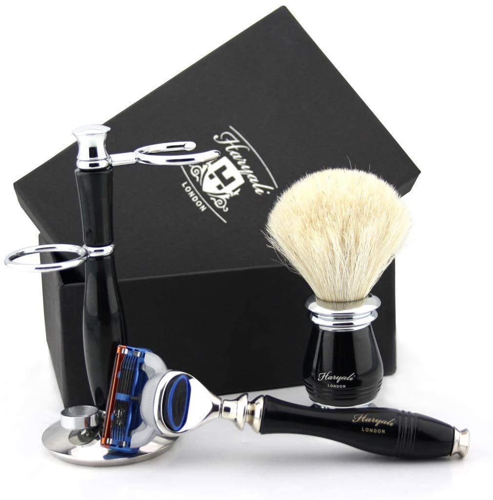 Haryali London, set completo da barba per uomo: rasoio a 5 lame, pennello da barba in pelo sintetico e supporto tradizionale per la rasatura a umido.