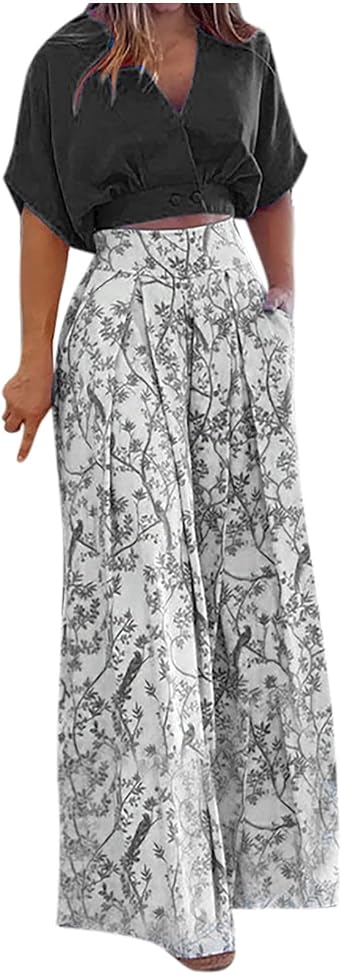 tuduoms Sexy Two Piece Outfits for Women Elegant V Neck Short Sleeve Crop Top Blouse Outfits Casual Comfy Wide Leg Long Pants
