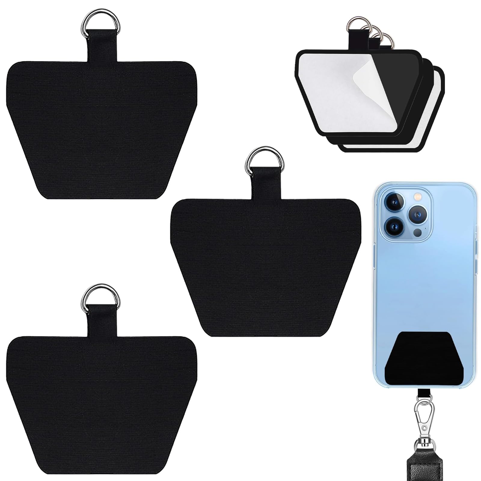 Pack of 3 Self-Adhesive Inserts, Replacement Mobile Phone Chain Accessories, Mobile Phone Tether Table, Lightweight and Tear-Resistant, for Most Smartphones Prevents Falling (Black)
