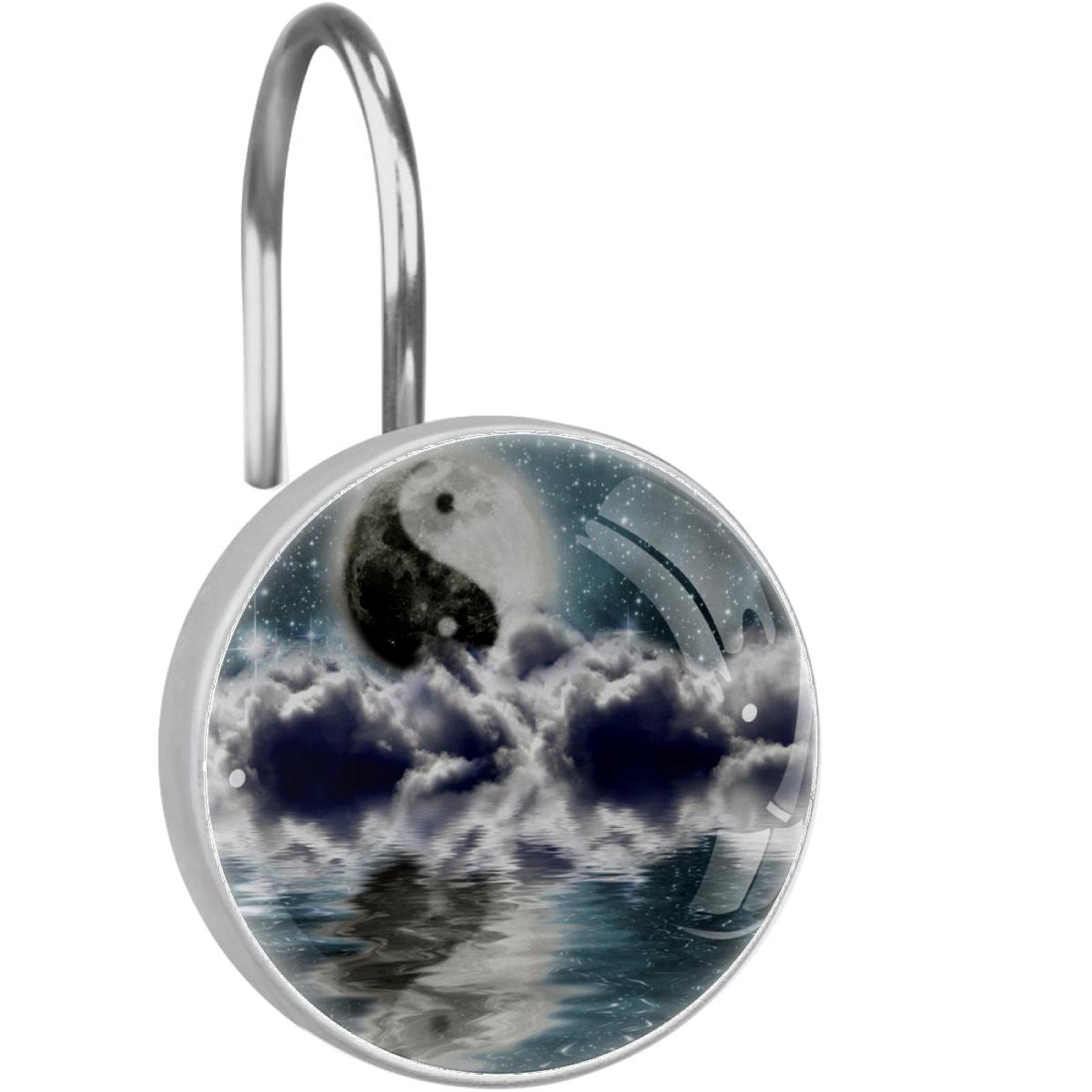 Crochets rideau de douche lune Yin Yang en acier inoxydable pour salle de bain - Lot de 12