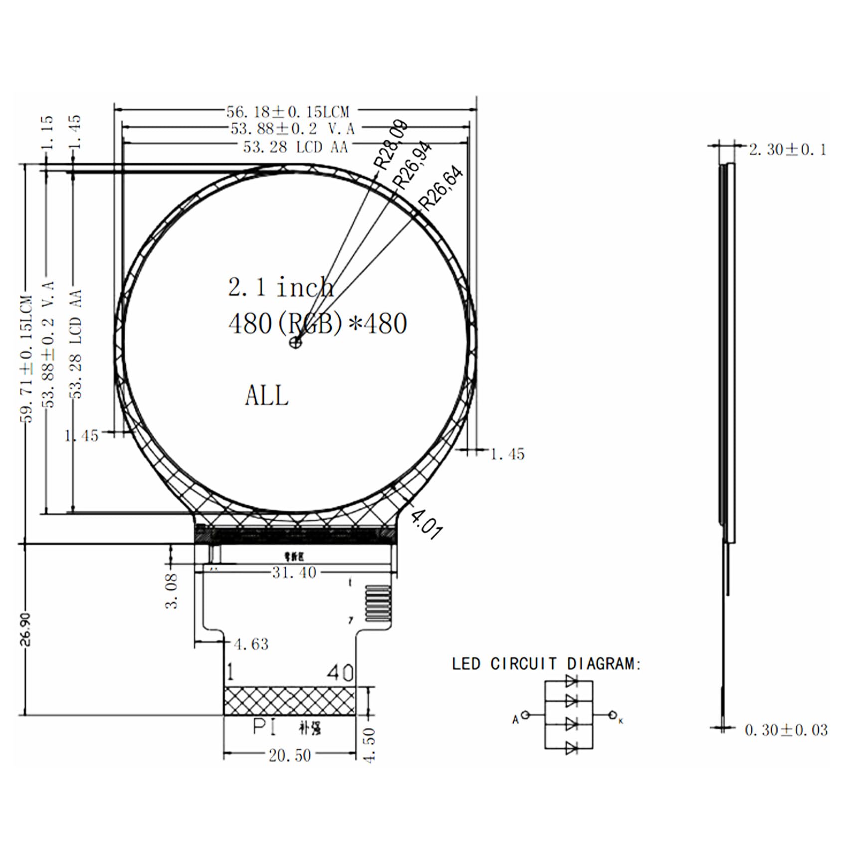 TekGroAml Mini okrągły ekran LCD IPS, okrągły ekran 2,1" 480 x 480 i karta kontrolna Micro HD