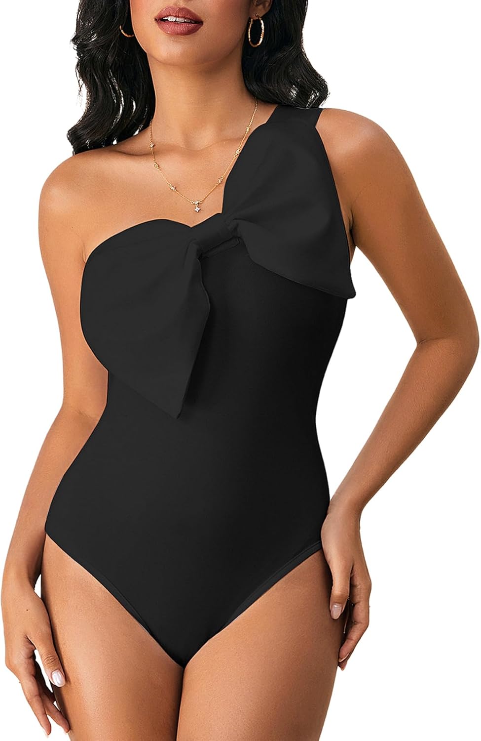 WDIRARA Women's Bow Front One Shoulder Bodysuit Asymmetrical Sleeveless Top