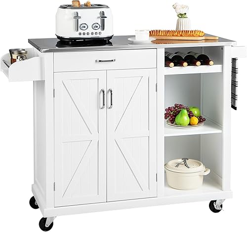 Giantex Carrito de isla de cocina con ruedas, carrito de cocina rodante con parte superior de acero inoxidable, armario de 2 puertas, cajón, estante