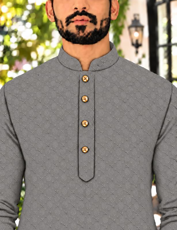 Image of Men's Lakhnawi Chikankari Kurta Set Cotton Ethnic Kurta Pajama for Men Wedding Festive Designer Indian Outfit Stylish Embroidered Kurta Set