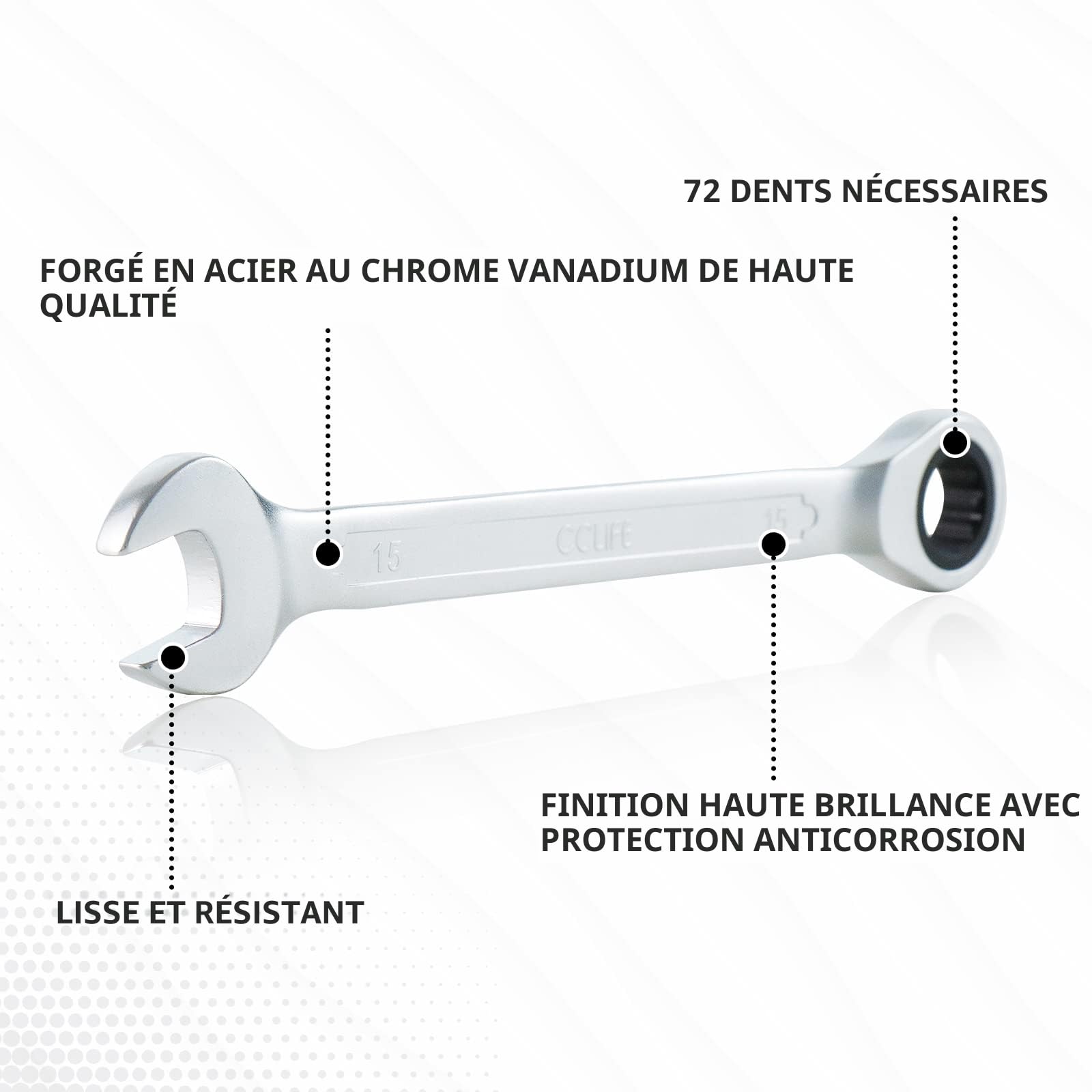 CCLIFE Lot de clés à cliquet système métrique, 12 pièces 8-19mm Cr-V 72 dents