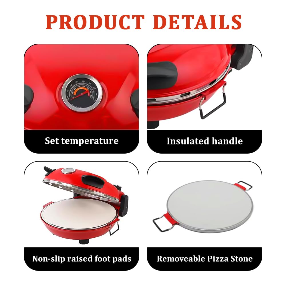 Elektryczny piec do pizzy, piec do pizzy do domu z kamienną płytą 31 cm, do 420 °C z wkładem na patelnię, 2 x łopatka do pizzy, nóż (czerwony)