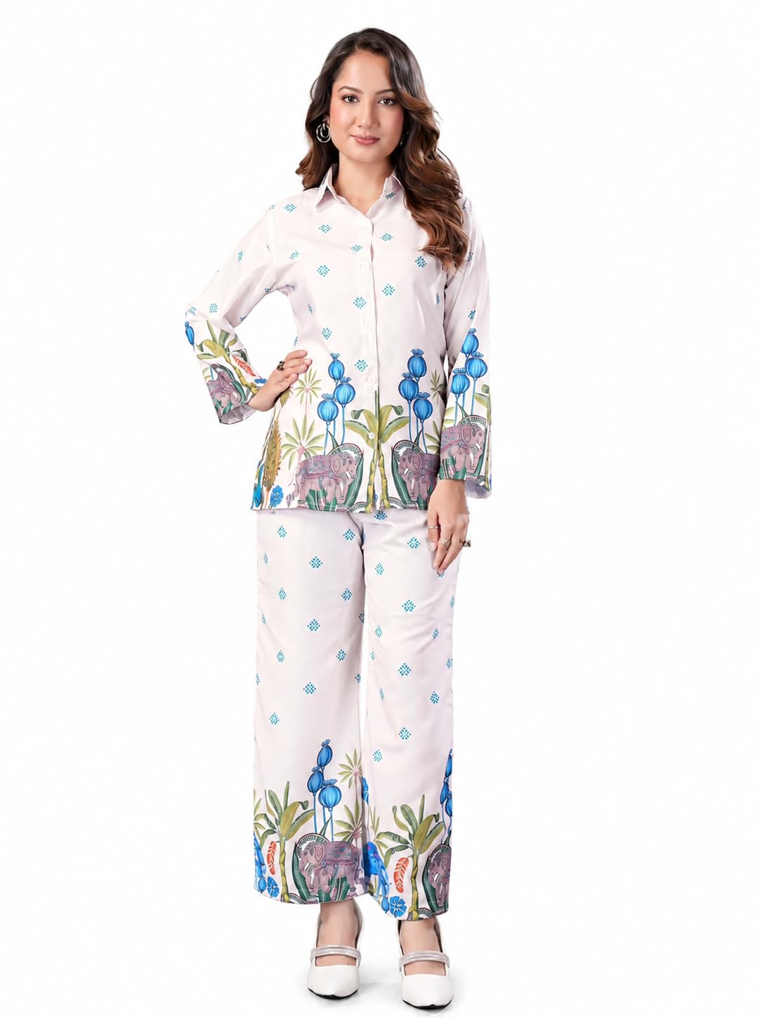 Women's Off White Rayon Printed Co-Ord Set with Palazzo | Elephant & Nature Print | 3/4 Sleeve-image-37