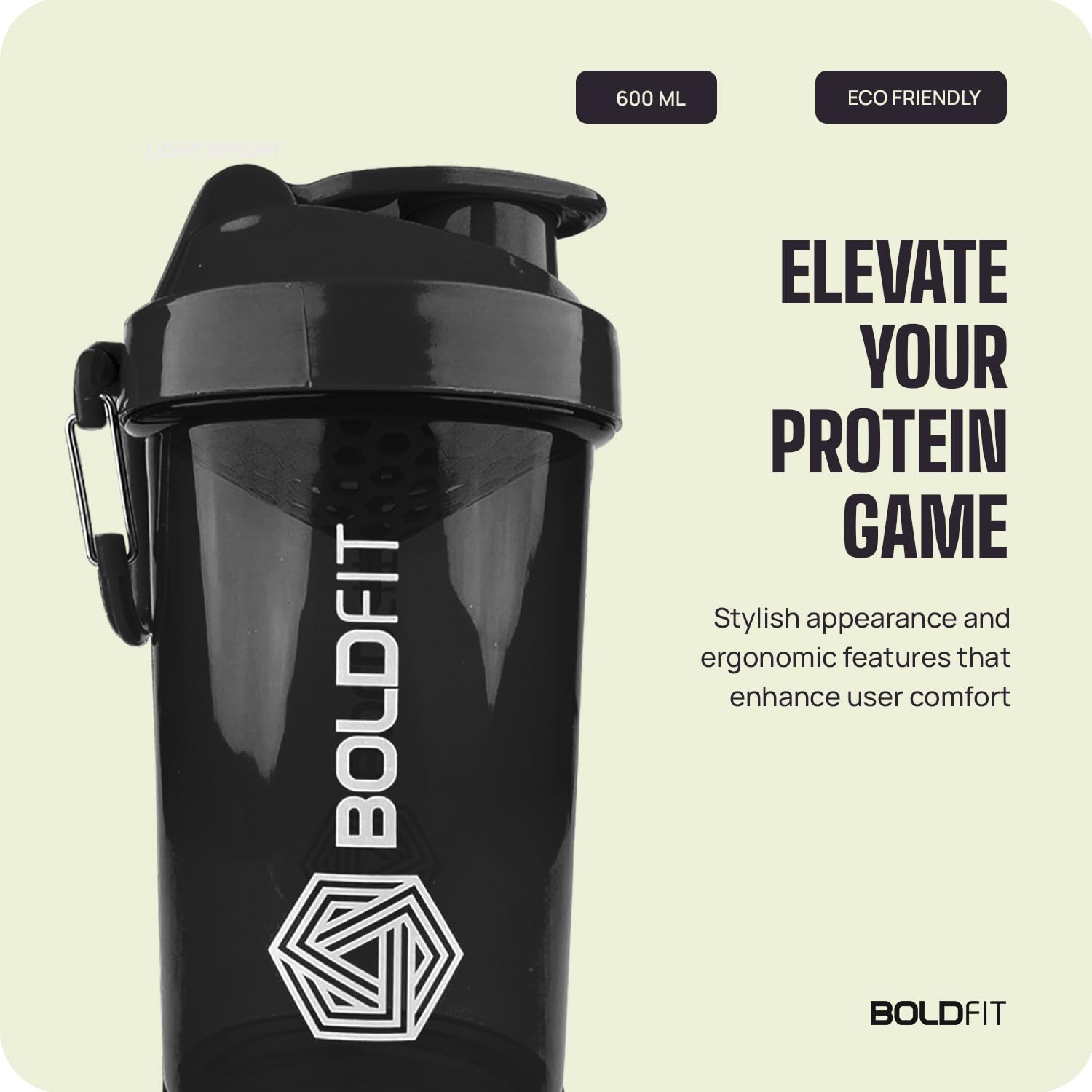 Boldfit Shakers for Protein Shake Bottle Gym Shaker Bottle Shaker Bottles for Protein Shake Gym Protein Shaker Bottle 600ml with Extra Compartment Shaker Mixer Bottle Shaker for Gym - Black 600 ml — Amazon image 3