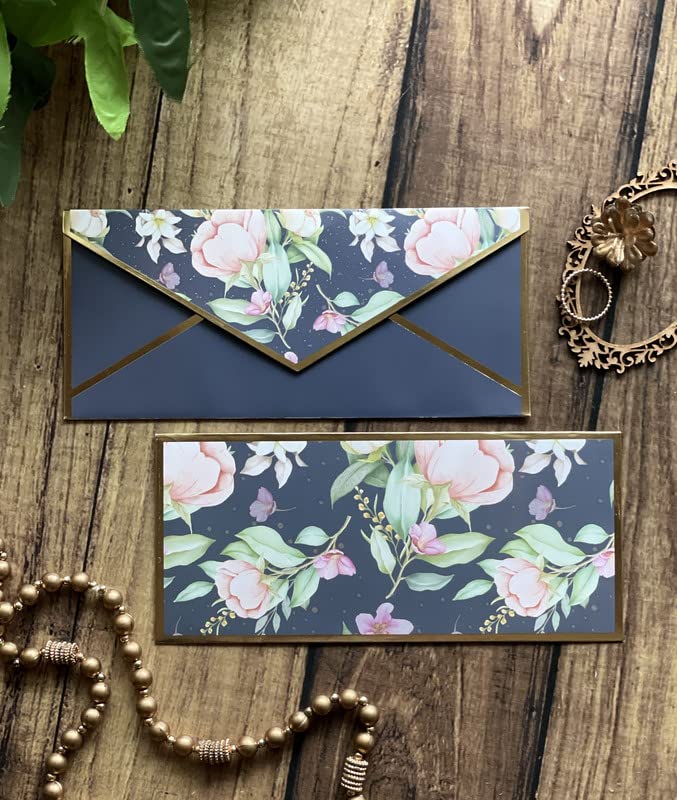 Dovetail Mystique Cash Envelopes with Tags - Pack of 5 (7.75 x 3.5 in) | Midnight Blue and Blush Pink Floral Design with Gold Foil Stamping for Gifting, Birthdays, Weddings, Festivals and More-image-9