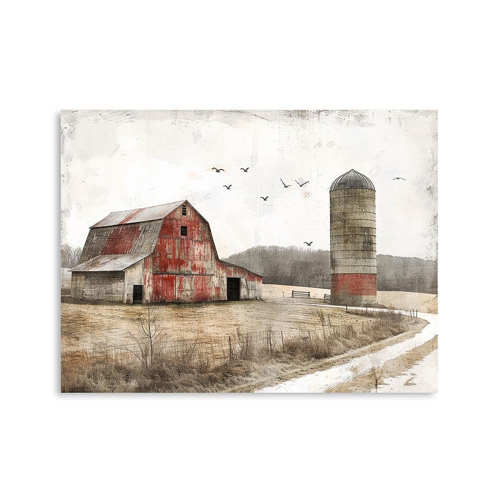 Old Red Barn with Silo Cavnas Art Print, Country Charm Vintage Faded Antiqued Effects Farmhouse Decor Cootage Chic Picture, Farm Landscape Painting for Kitchen Bathroom Decorations 12"X16" Small