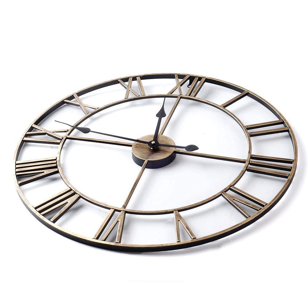 Nowoczesny zegar ścienny, 60 cm, duży, okrągły, złoty, metalowy zegar ścienny, duży zegar, ogrodowy, zewnętrzny, zegar ścienny w stylu vintage, retro, cyfry rzymskie, dekor,