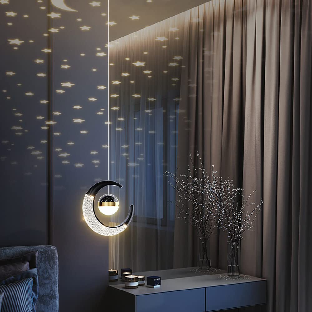 Lampa wisząca w kształcie księżyca Nowoczesny żyrandol 1-punktowa kula pojedyncza lampa wisząca z projekcją gwiazdy Światło LED w kształcie półksiężyca Wisząca lampa opuszczana do pokoju dziecięcego