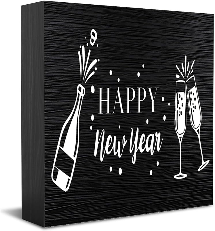 Happy New Year Wooden Box Sign Inspirational Quote Decorative Wood Block Plaque Decor Farmhouse Home Office Shelf Or Wall Display 7X7 Inches