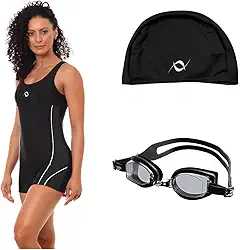 Kit Macaquinho Natação Hidroginástica Com Touca Helanca E Óculos Uv