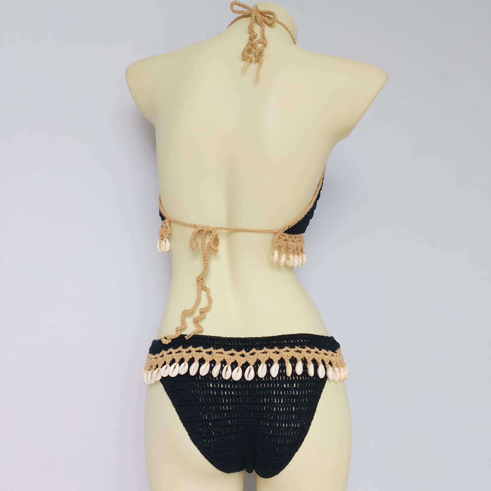 Conjunto De Bikini Sin Espalda con Cuello Colgante Sexy De Verano Traje De Baño De Ganchillo Hecho A Mano Negro Ropa De Playa con Borlas De Concha A La Moda Lencería