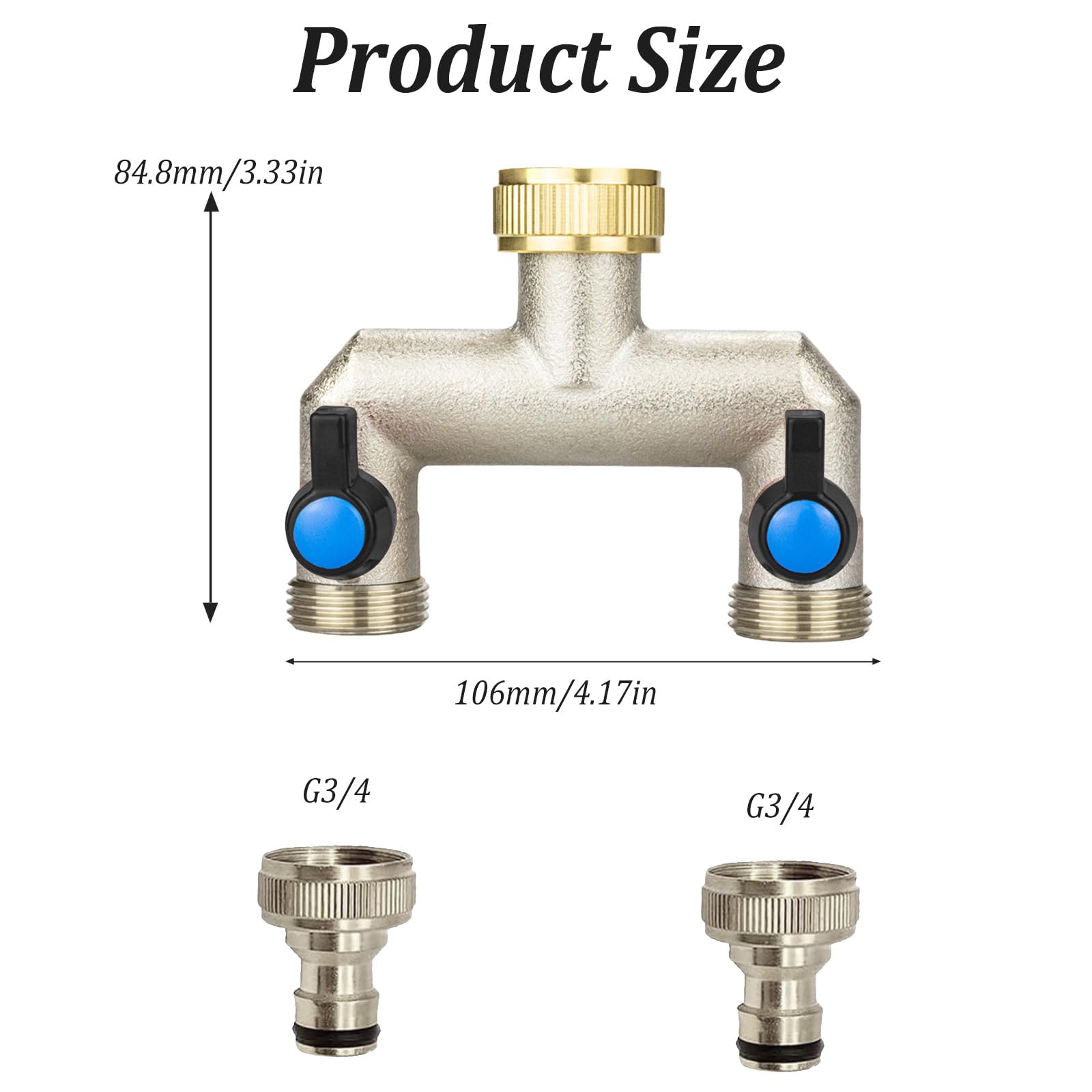 Distributore Acqua Rubinetto a 2 Vie, Sdoppiatore Rubinetto Giardino, Distributore a 2 Vie 3/4 Pollice con 2 Valvole a Sfera Separate, 3/4" Distributore a 2 Vie per Rubinetto Giardino Ottone (2 Vie)