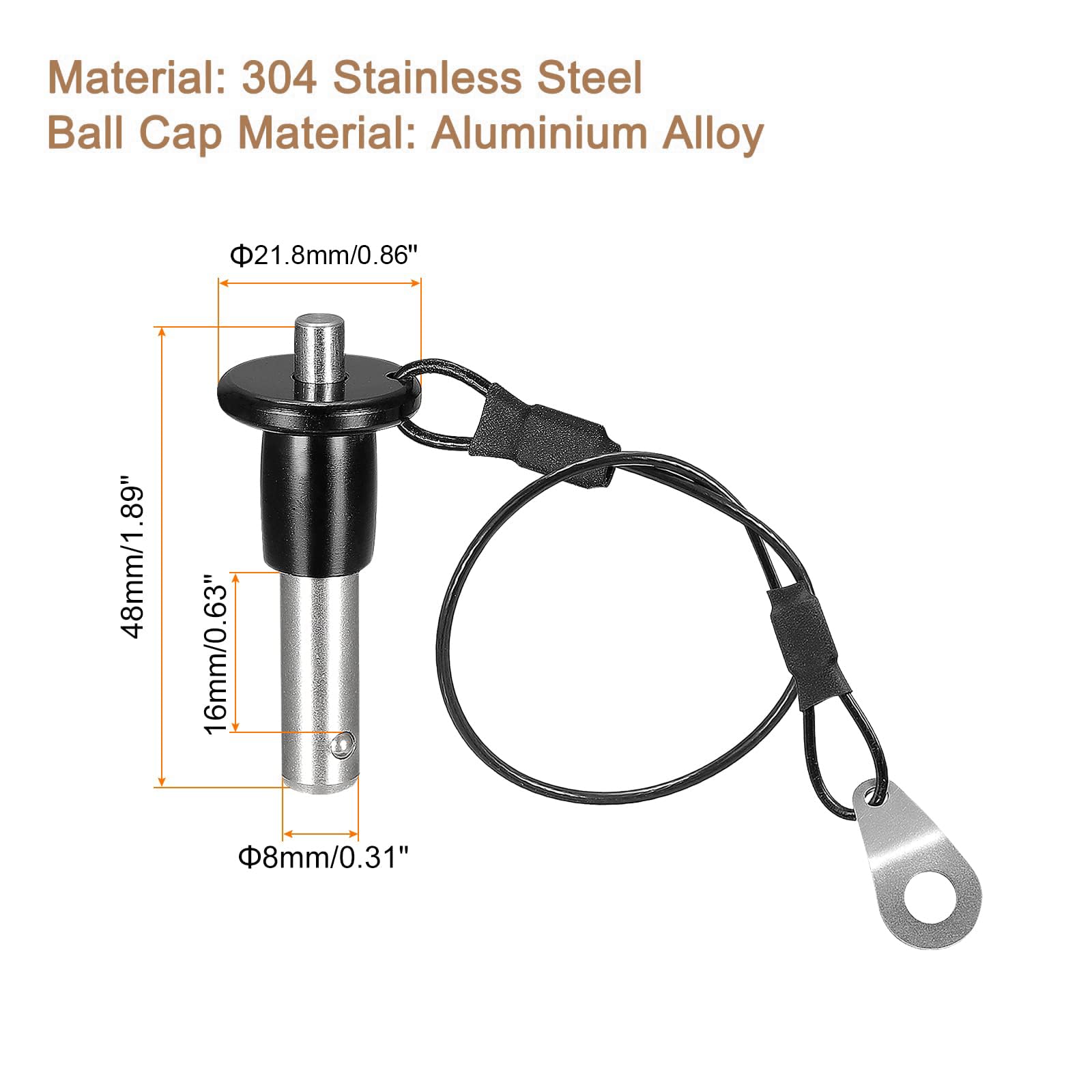 TA-VIGOR Ball Locking Pins, 8mm Dia 15mm Length 304 Stainless Steel Push-Button Quick Release Pin with Lanyard Cable - Image 2