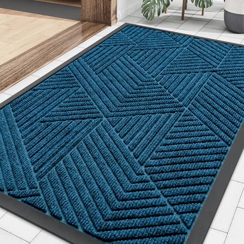 Image of Smiry Front Door Mat Outside Entrance, Heavy Duty Sturdy Natural Rubber Doormat, Trap Dirt and Moisture, Easy Clean Low Profile Welcome Floor Mats for Indoor Outdoor Entry, 35X23 Inch, Mixed Blue