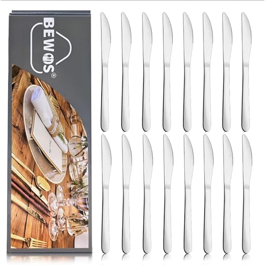 BEWOS Set di 16 Coltelli da Tavola, Coltelli da 9,1''(23,2cm), Coltelli da Cena in Acciaio Inox, Iucidati a Specchio, Lavabili in Lavastoviglie, Coltelli da Tavola per la Casa, il Ristorante e l'hotel