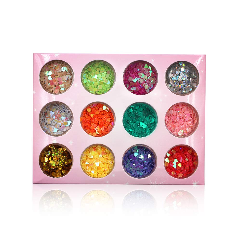 YesLady Nail Art Charms Sequin Heart Shape Glitter Slime Flakes For Nail Face Eye Slime 12 colors 12 Colors Heart Shape Sequin