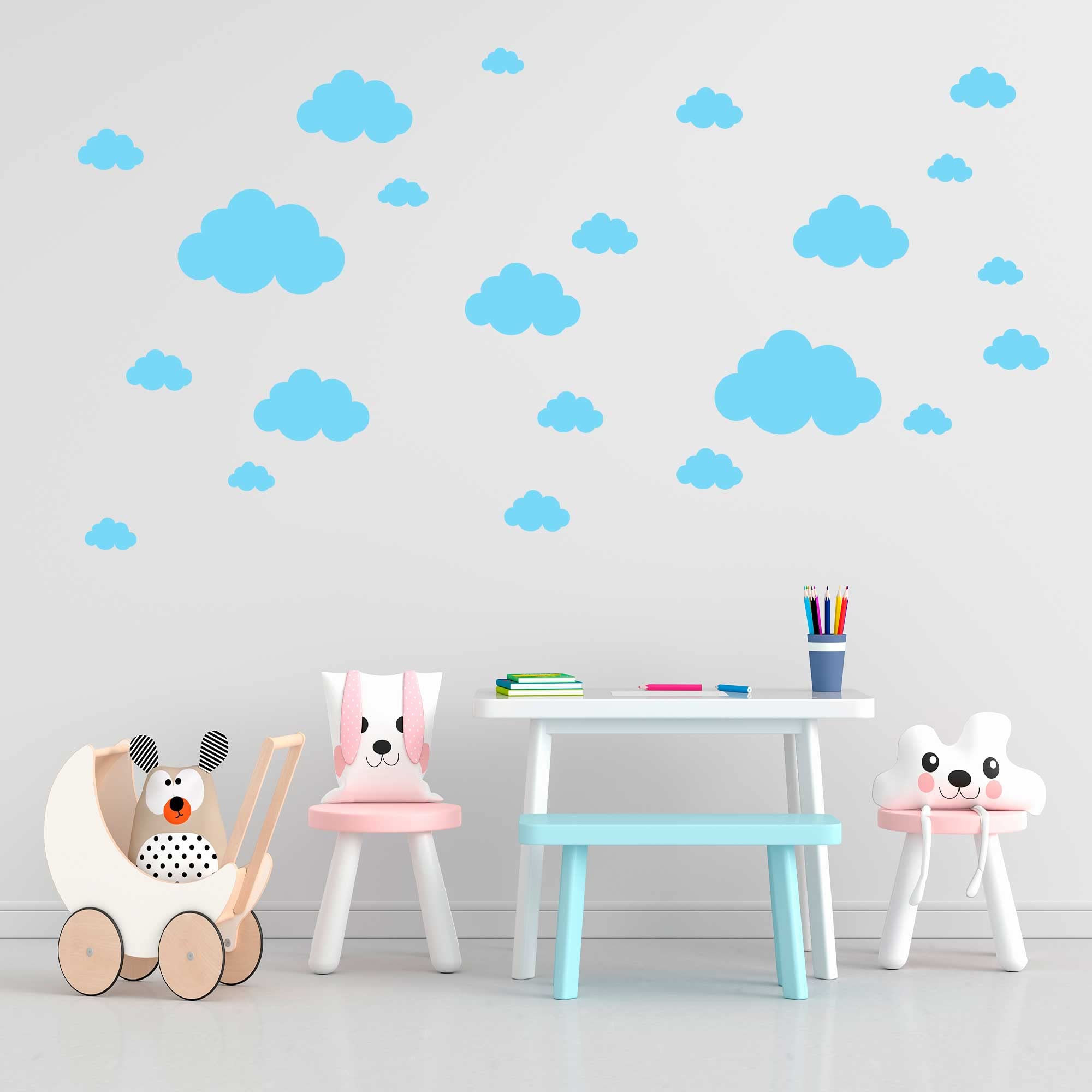Vinilos Decorativos para Dormitorio - Nubes Nubes Nubes - 36 piezas - Varios Tamaños y Colores Pastel - Infantil (Azul Claro)