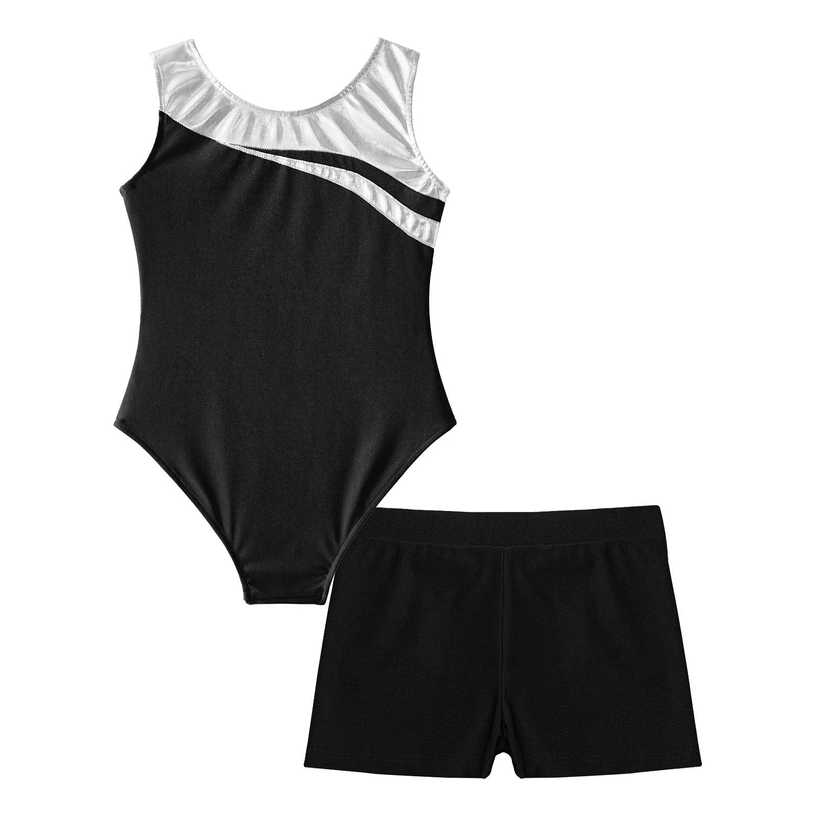 Maillot Gimnasia Ritmica Leotardo de gimnasia con diamantes de imitación brillantes for niñas y niños con pantalones cortos, mono de actuación de entrenamiento de Yoga y patinaje de Ballet(Black,14)